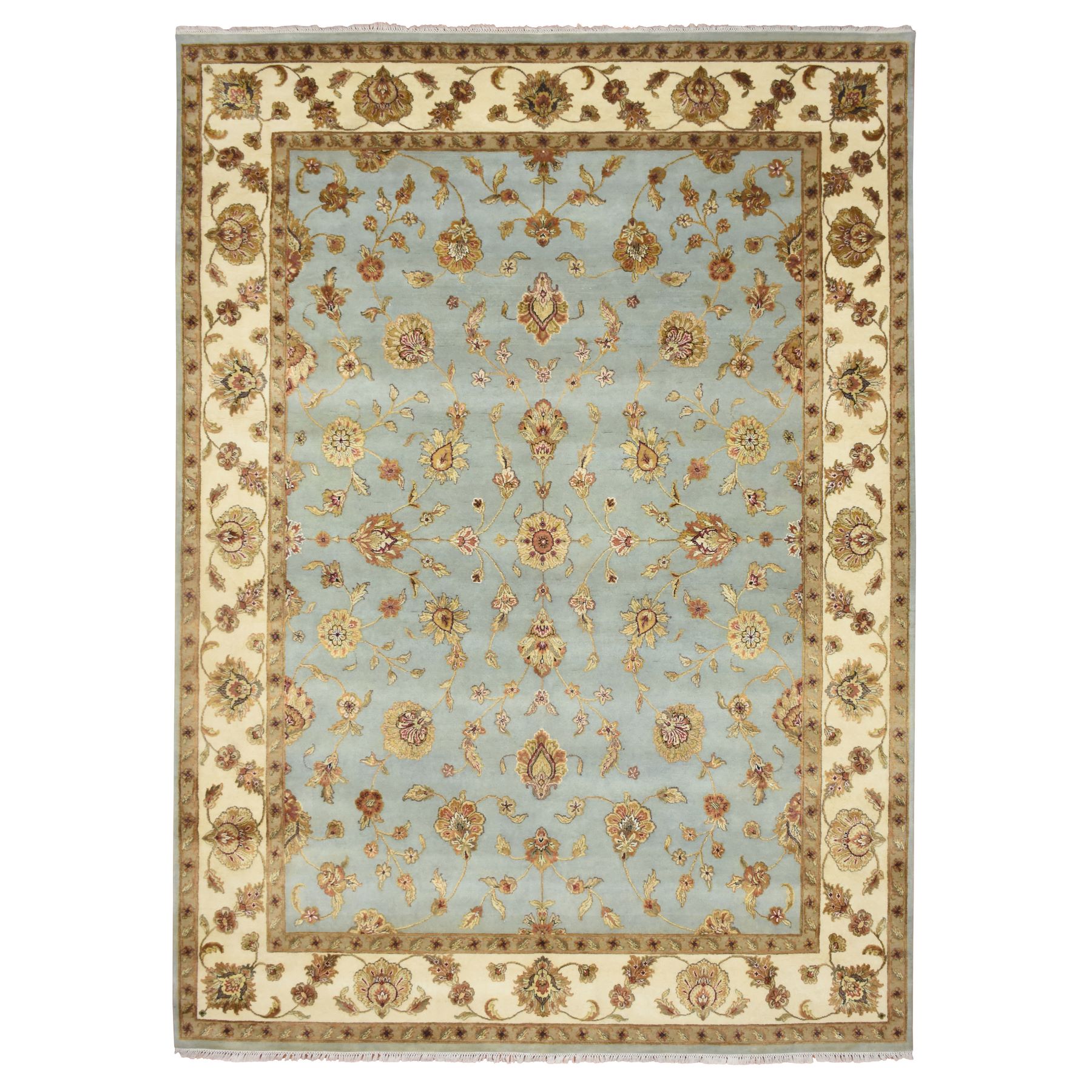 Stone Blue, Rajasthan with All Over Leaf Design, Hand Knotted, Wool and Silk, Soft Pile, Thick and Plush, Oriental Rug